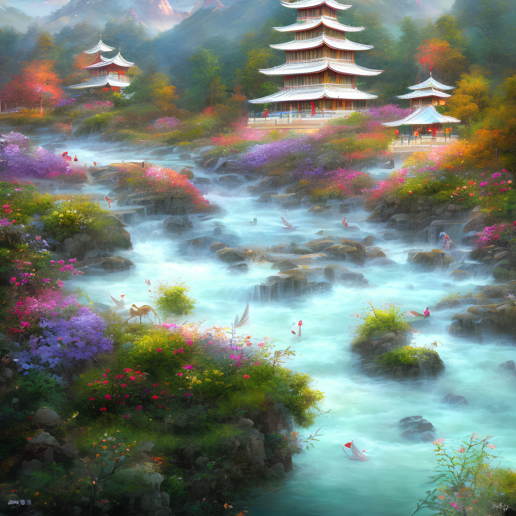 Tranquil River Landscape with Waterfalls, Pagodas, and Boats