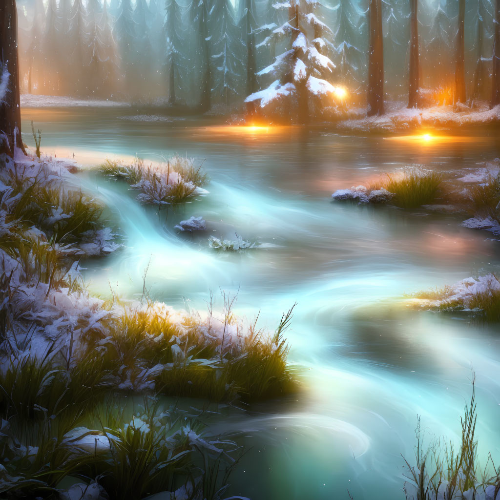 Glowing Turquoise River in Snowy Forest Scene