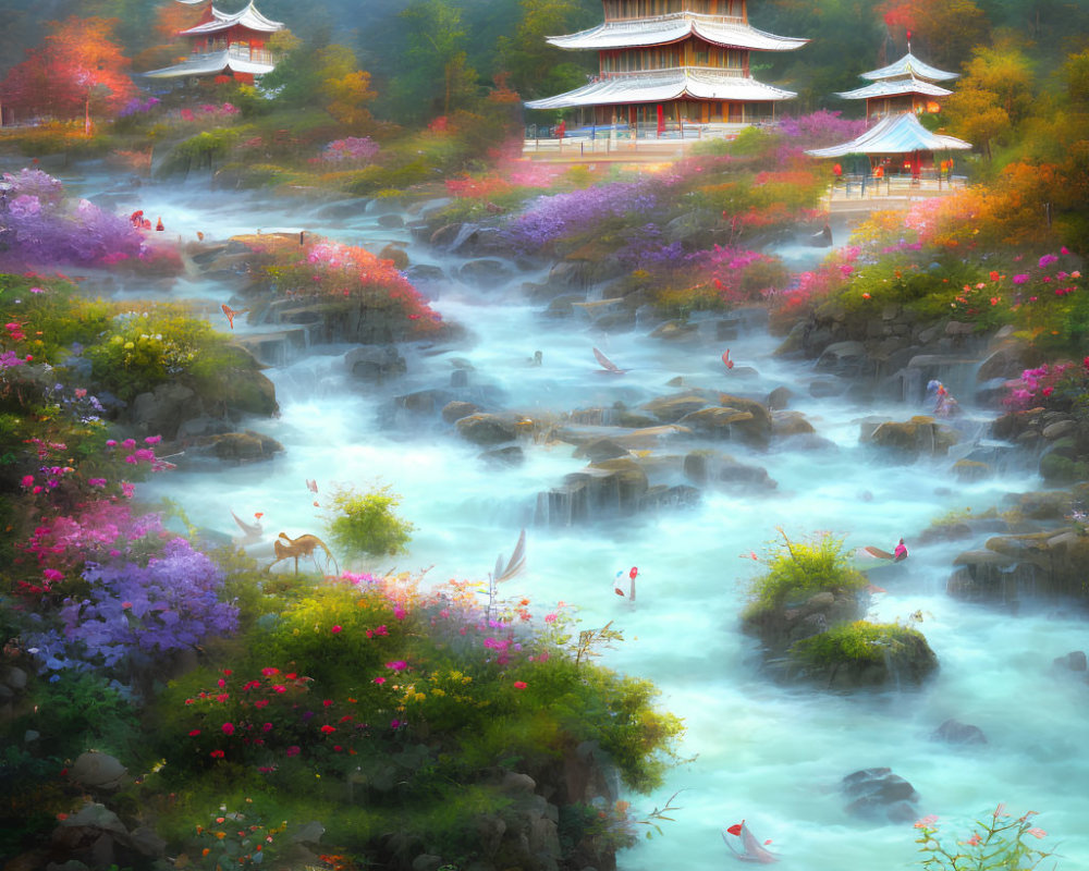 Tranquil River Landscape with Waterfalls, Pagodas, and Boats