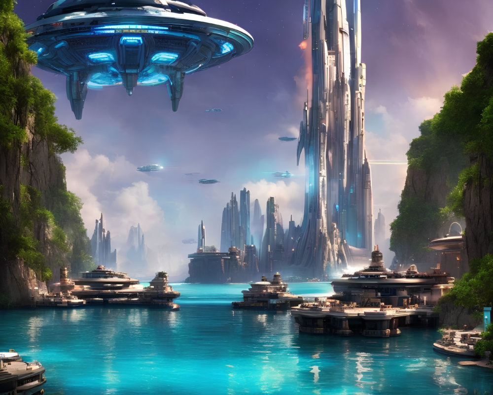 Futuristic cityscape with skyscrapers, spaceship, flying vehicles, and river valley