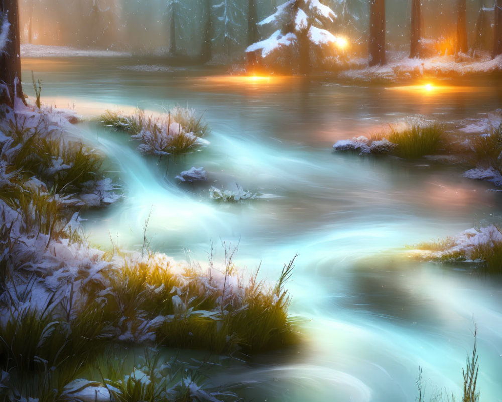 Glowing Turquoise River in Snowy Forest Scene