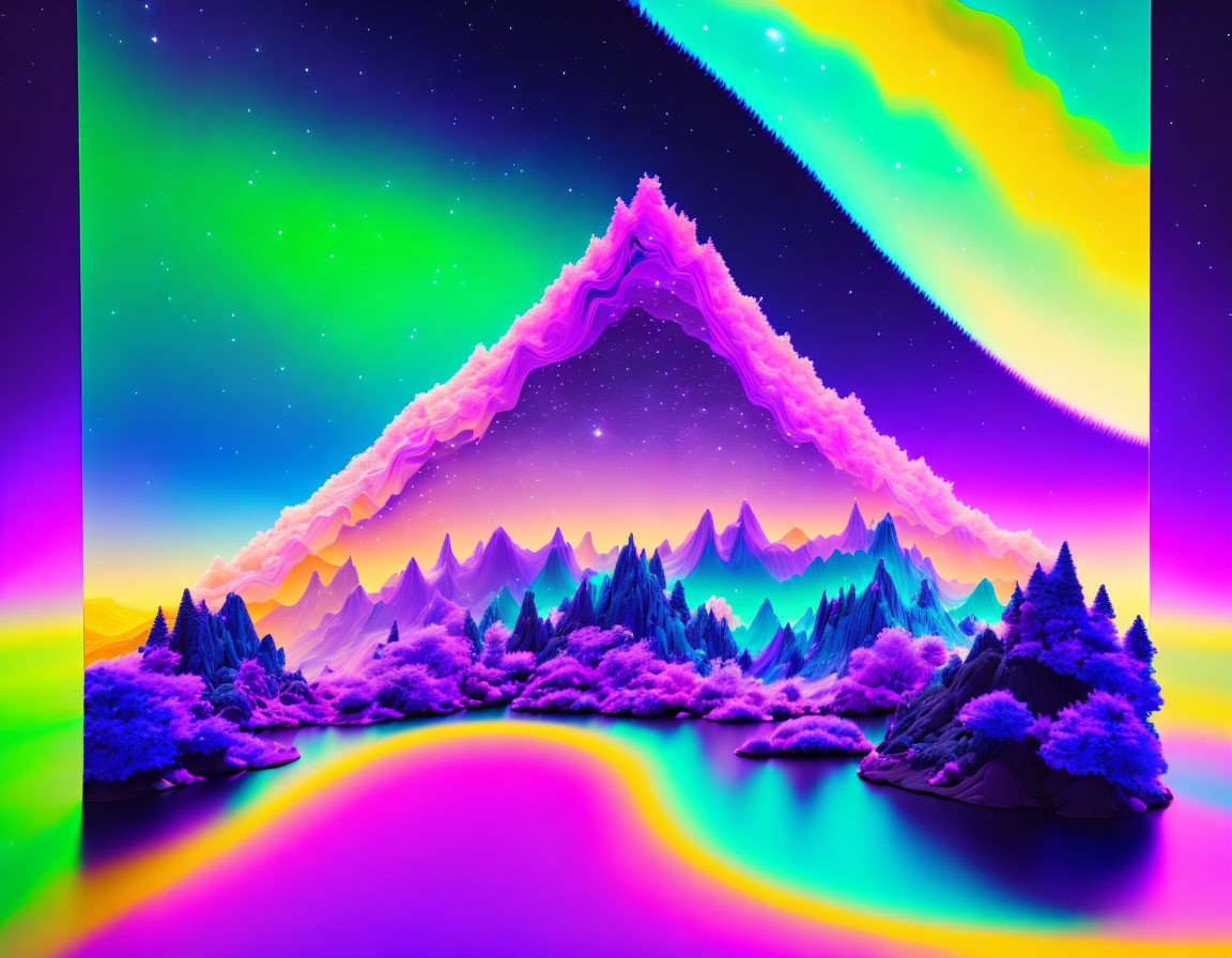 Neon-colored mountain landscape under aurora sky