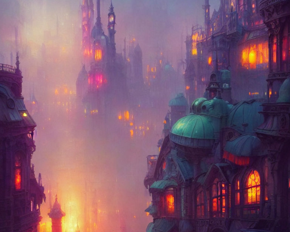 Mystical cityscape at dusk with illuminated buildings under hazy purple sky