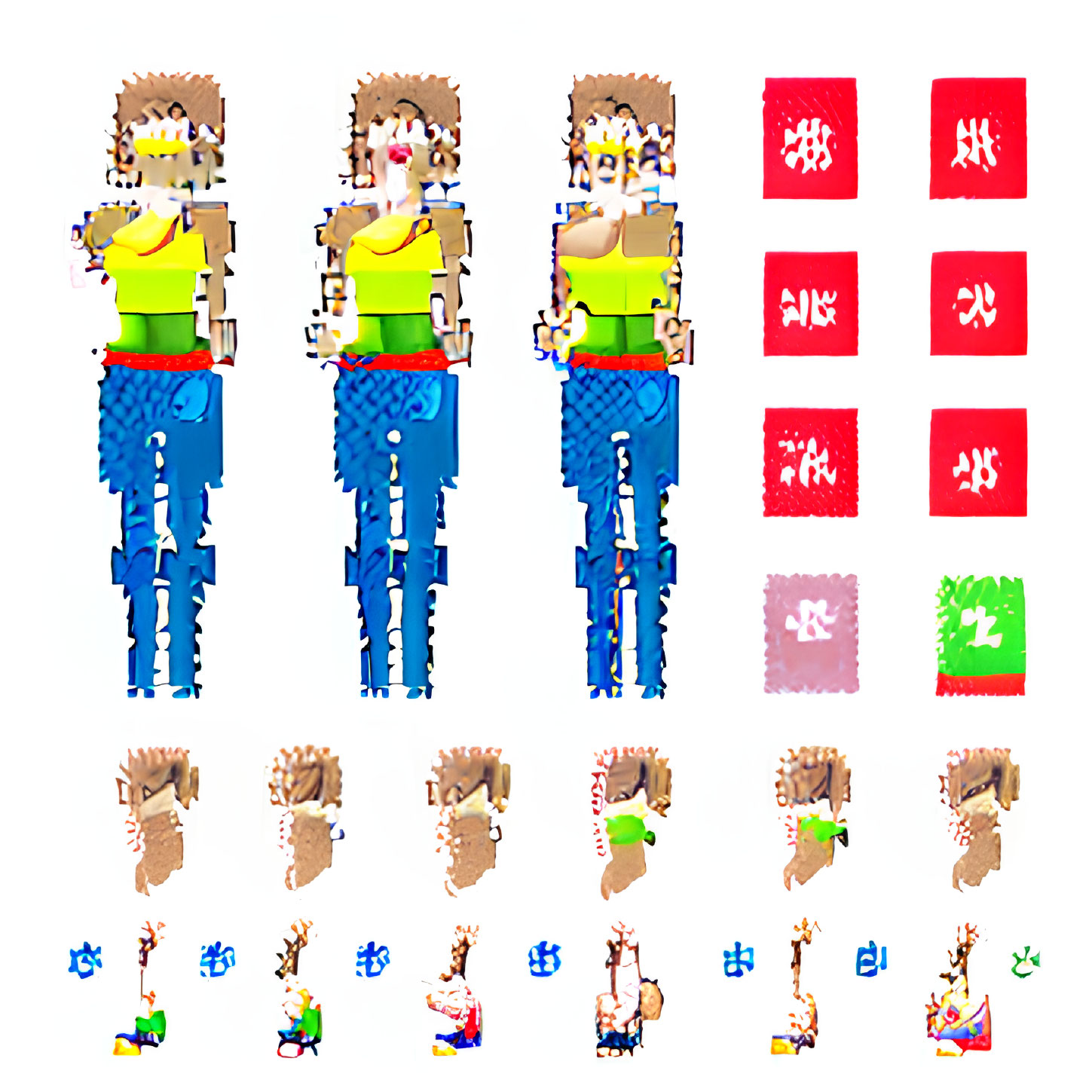 Pixelated character sprite sheet with walk cycles, jumping, and idle animations