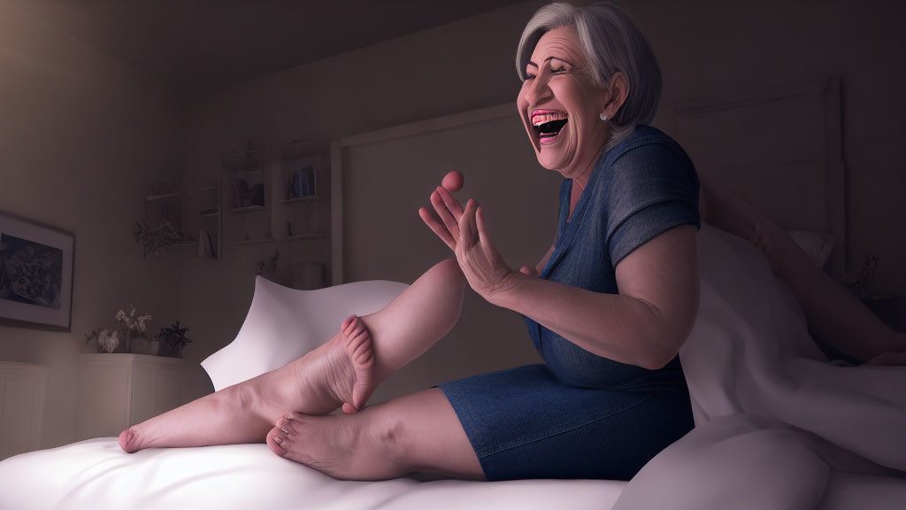 Elderly woman laughing on bed with peach ball and personal items