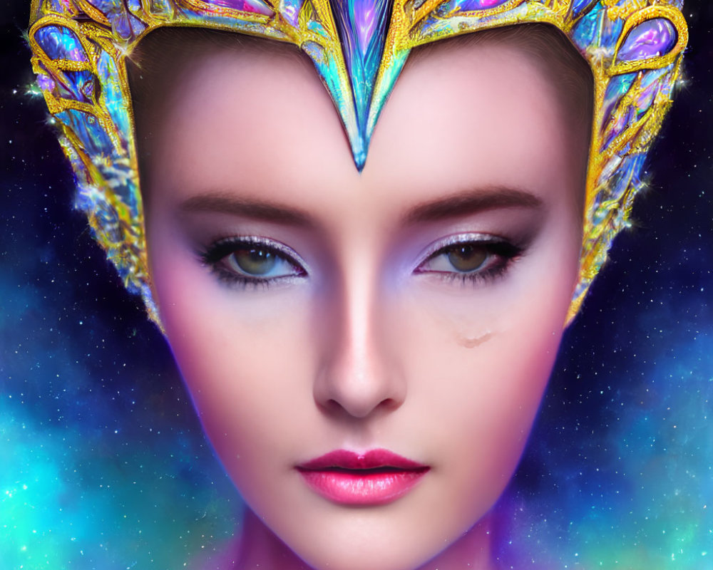 Close-up of woman with golden jewel-encrusted crown against cosmic backdrop