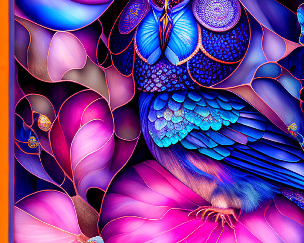 Stylized owl in vibrant digital artwork with intricate patterns