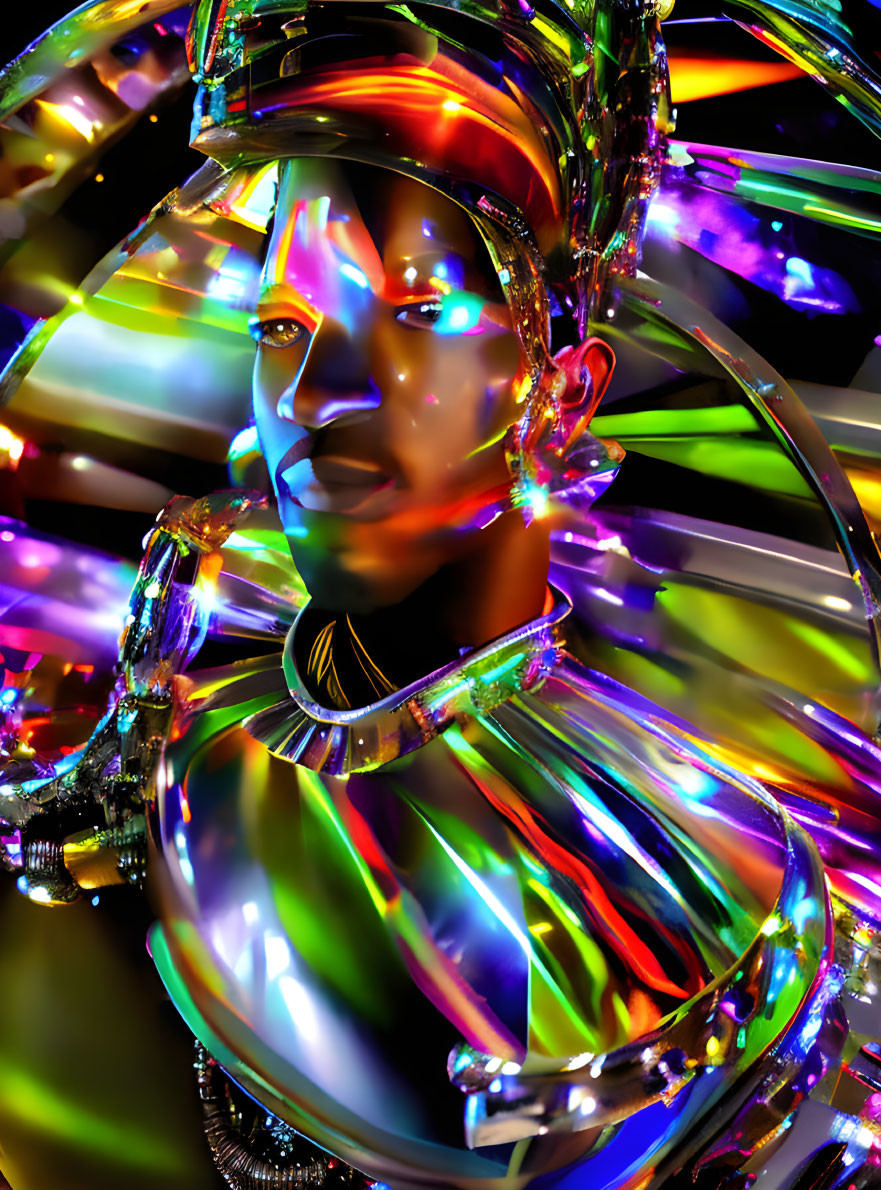 Colorful 3D rendering of a person with reflective surfaces and prismatic light effects