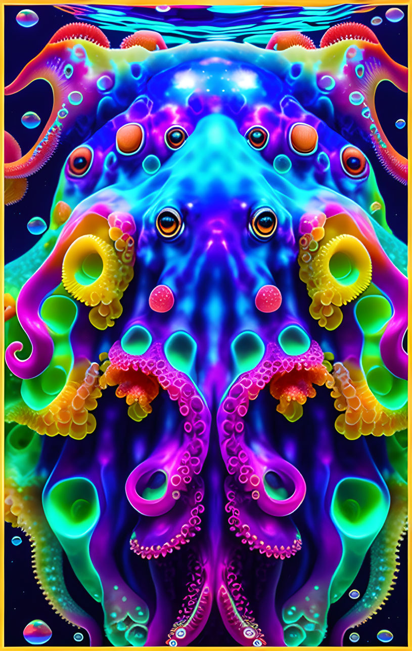 Symmetrical colorful octopus art with neon details and psychedelic patterns