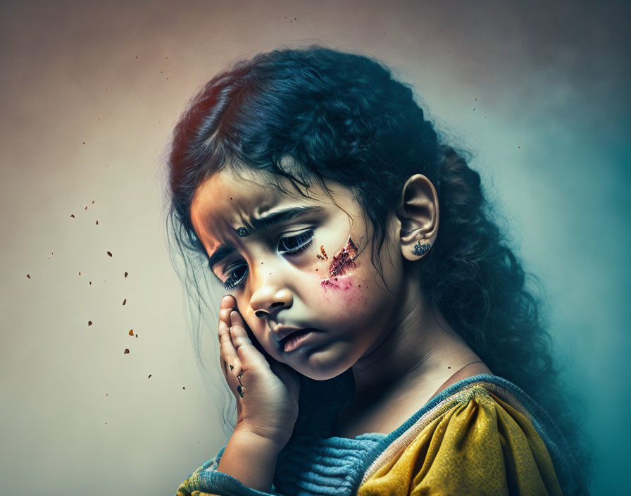 Portrait of a Sad Young Girl with Bruised Cheek and Painted Face