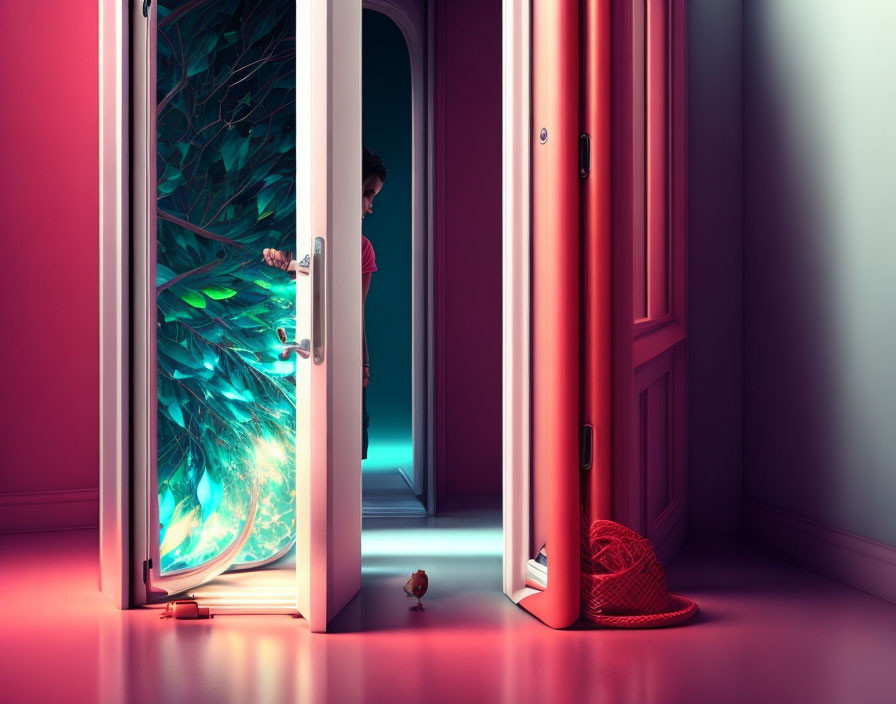 Child peeking from door into lush green space with blue glow, red hat and toy nearby