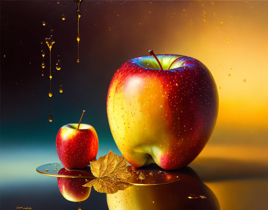 Two apples with golden leaf on blurred background with water droplets.