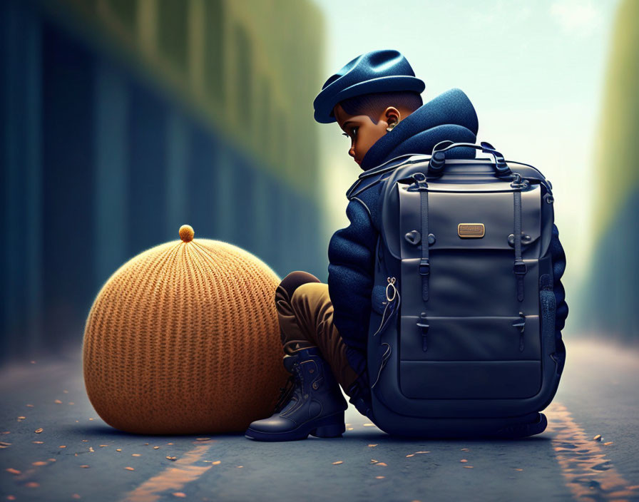 Stylized digital art: Young boy on textured ball with blue outfit