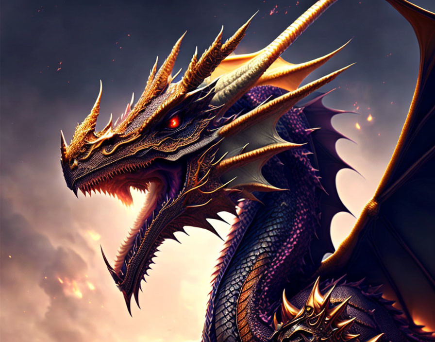 Majestic dragon with red eyes and golden horns in dramatic sky.