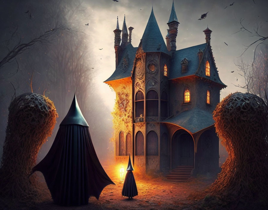 Mysterious cloaked figure at Gothic-style house with twisted trees