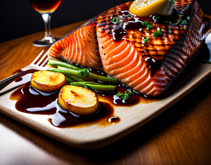 Grilled Salmon Fillet with Lemon, Green Beans, Potatoes, and Red Wine