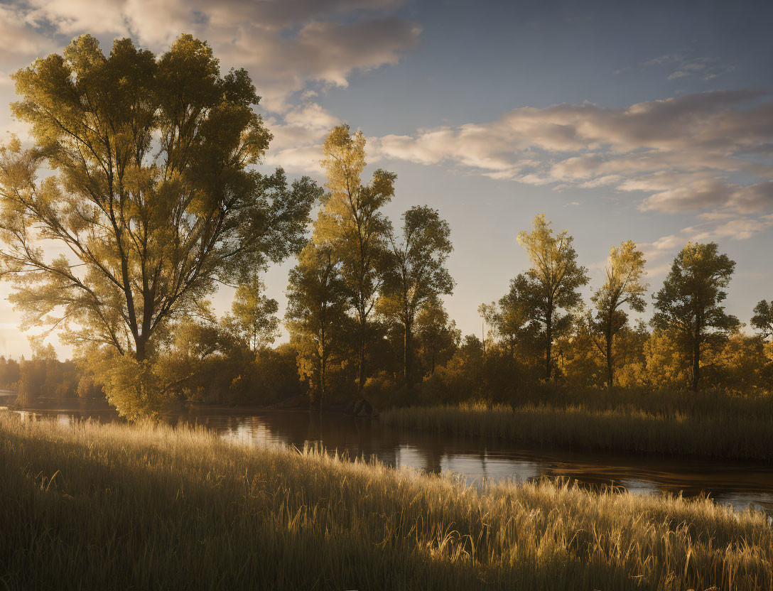 Sunlit Trees and River at Sunset: Serene Nature Scene