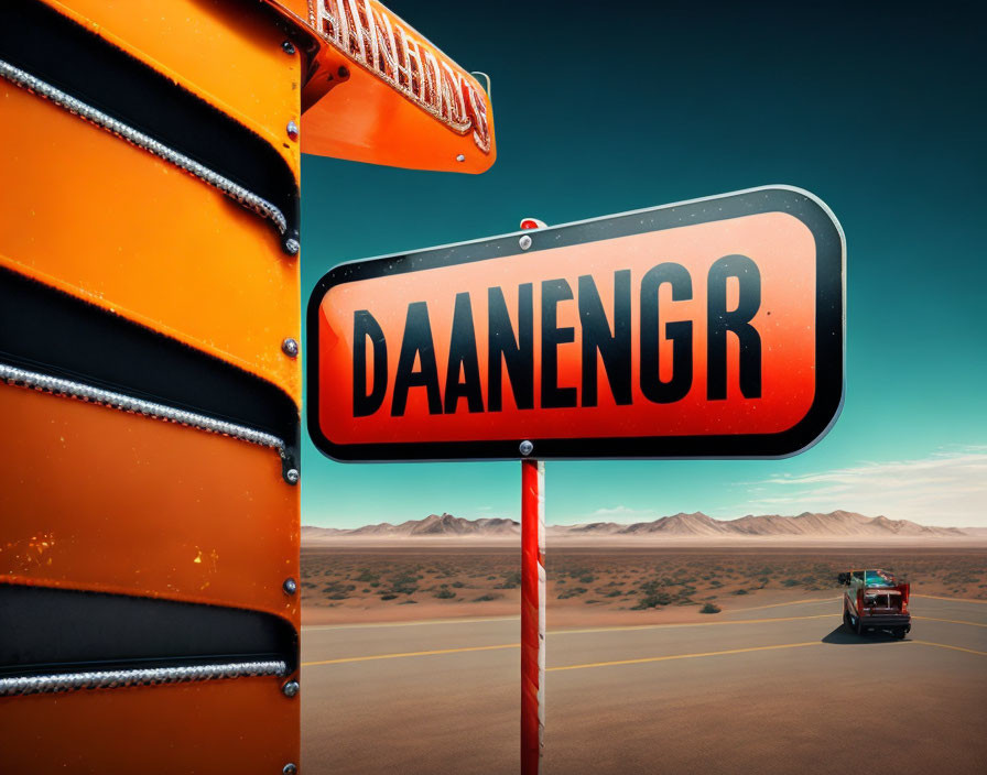 Modified road sign "DAANENGR" by orange vehicle in desert with driving car.