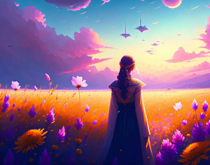 Woman in flower field at sunset with floating ships and mountain horizon