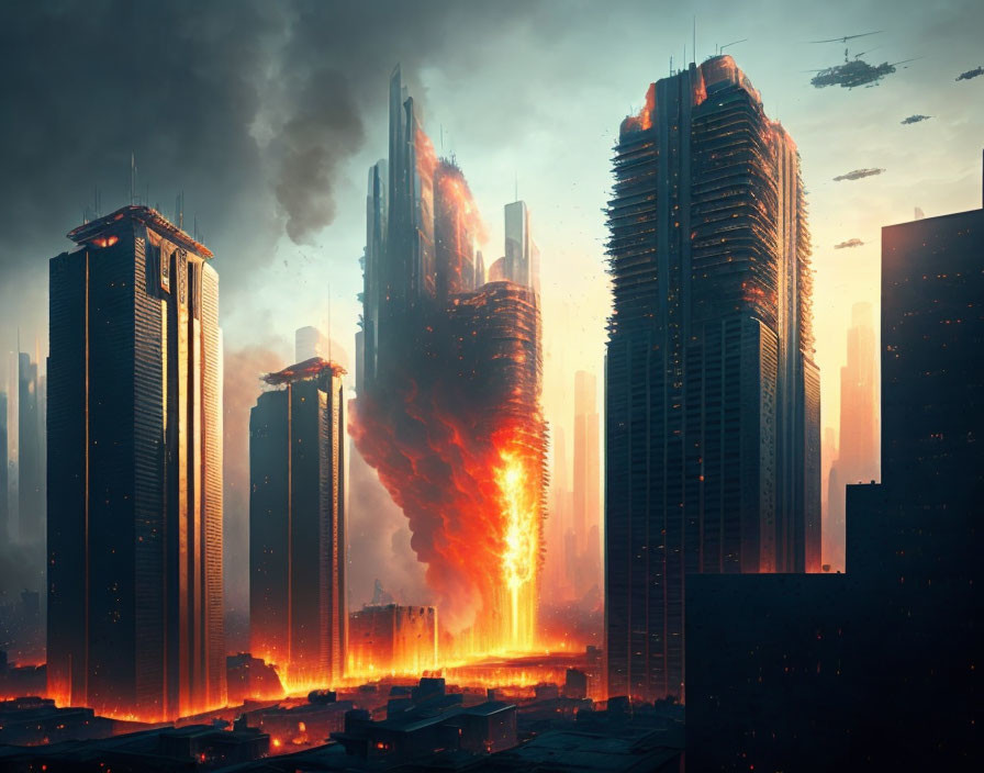 Explosive scene in futuristic cityscape with skyscrapers and flying vehicles