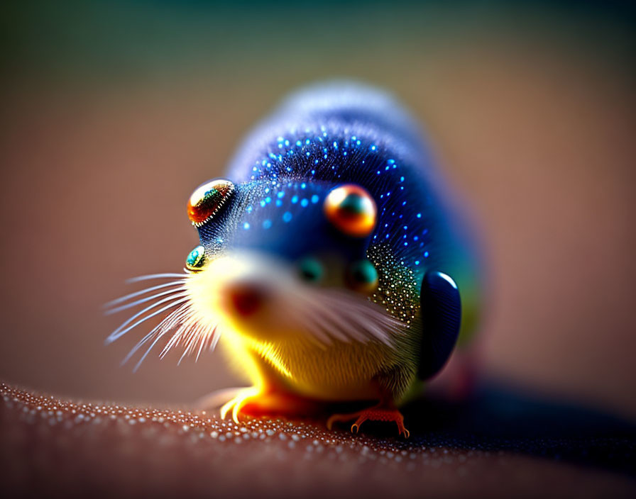 Colorful Rodent-Like Creature with Blue Fur and Rainbow Droplets