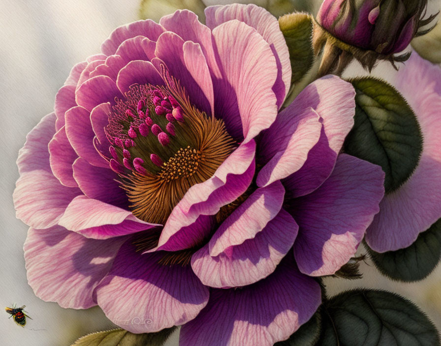 Detailed Painting of Vibrant Pink Peony with Realistic Bee