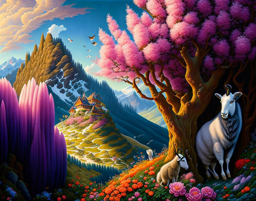 Scenic landscape with pink blooming trees, mountain terraces, cabin, and white goat with kids