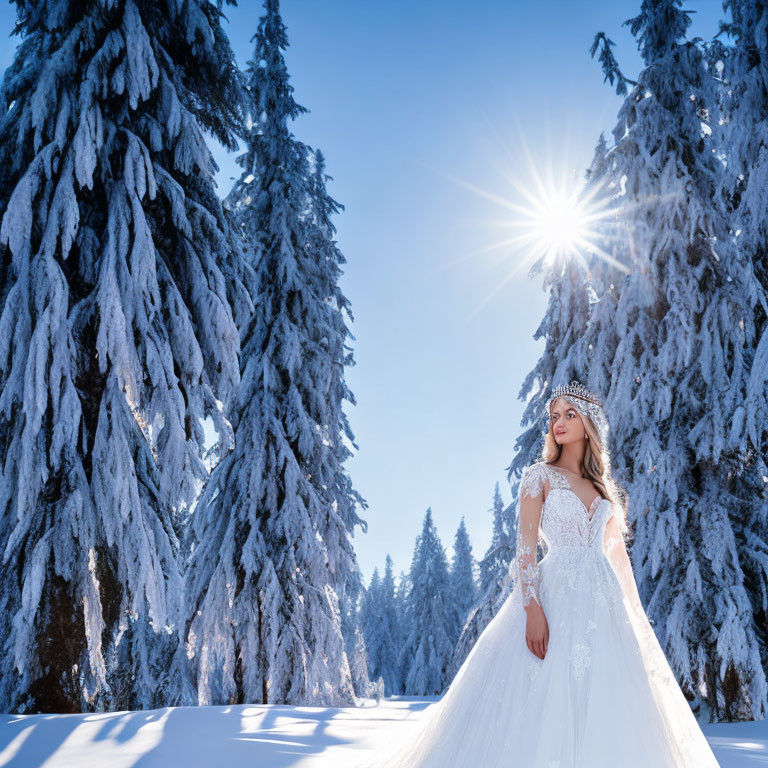 Bride in white dress and tiara in snowy forest with sunrays