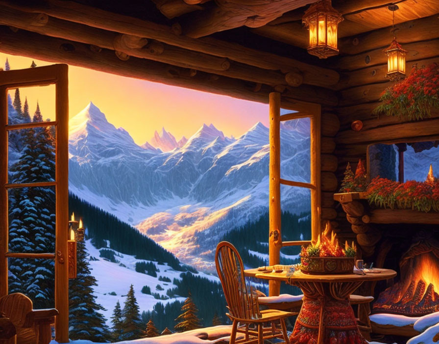 Warmly lit wooden cabin interior with fireplace, snowy mountain view, and set table