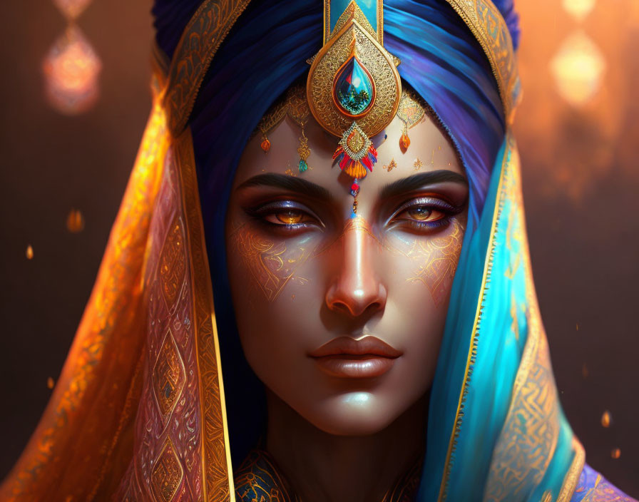 Detailed illustration of woman with blue and gold headscarf, jewelry, and makeup on warm background