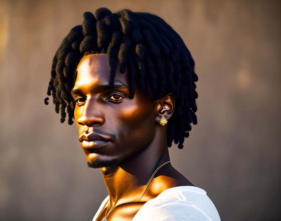 Portrait of person with black dreadlocks, white shirt, earring, and necklace against warm background