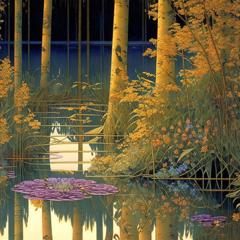 Tranquil Nighttime Scene with Bamboo, Reflective Pond, Water Lilies, and Flora