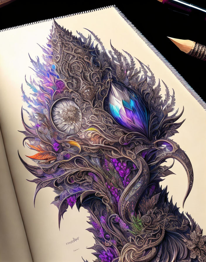 Detailed sketch of fantastical feathered creature with iridescent accents in sketchbook.