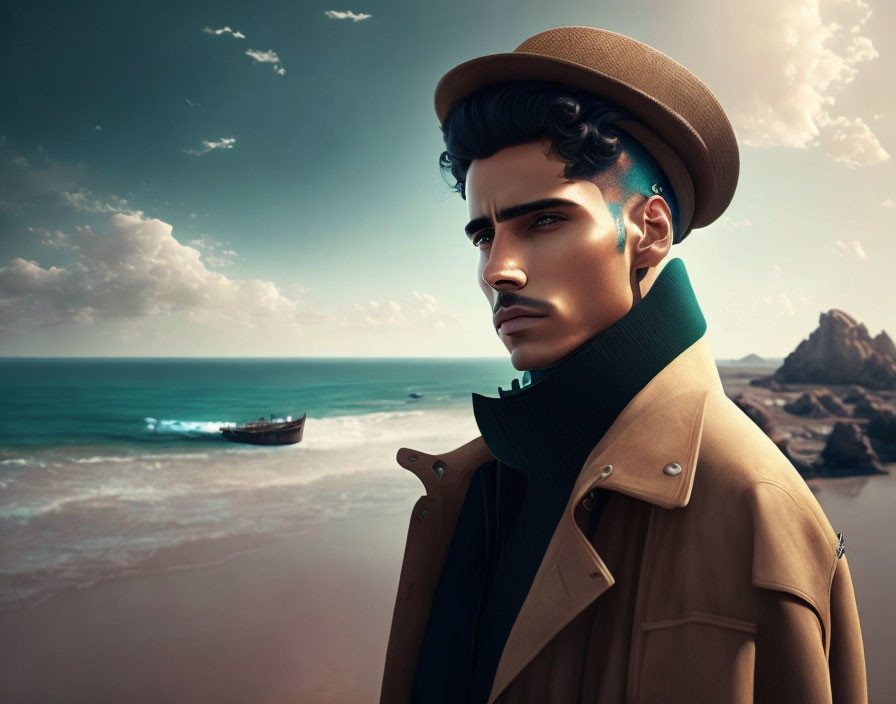 Digital artwork of a male character in hat and trench coat on serene beach with boat at sea