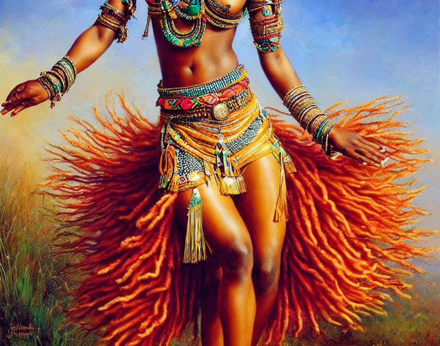 Colorful African dancer in traditional beadwork with dynamic orange fringes