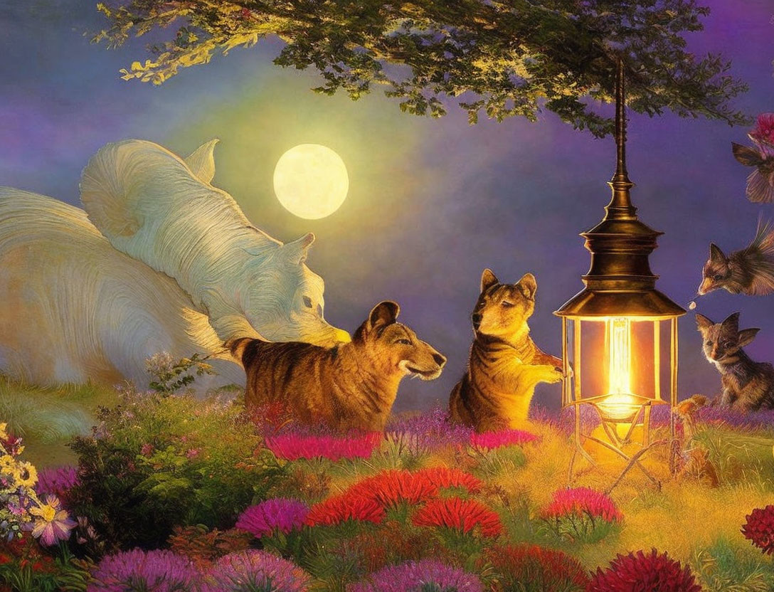 White Unicorn, Three Wolves, Lantern in Flower Meadow under Full Moon