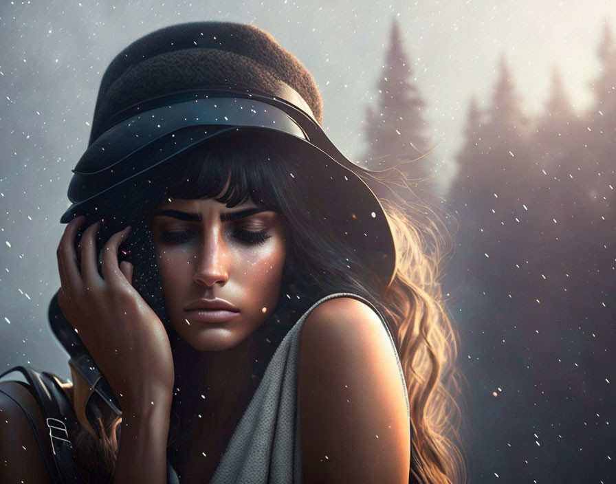 Digital artwork of woman with brown hair in hat, pensive expression, snowflakes, blurry forest