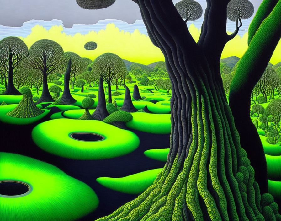 Colorful landscape with black tree, neon green grass, surreal rounded trees, and yellow cloud sky