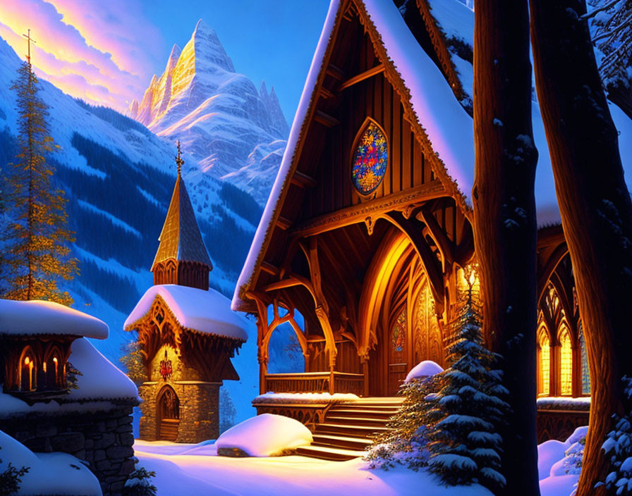 Snow-covered wooden chapel in twilight with mountains and pine trees