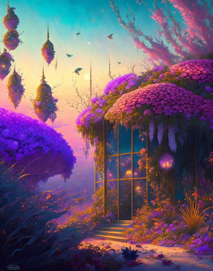 Purple-hued magical landscape with flowering trees, lanterns, window light, and dusk sky birds