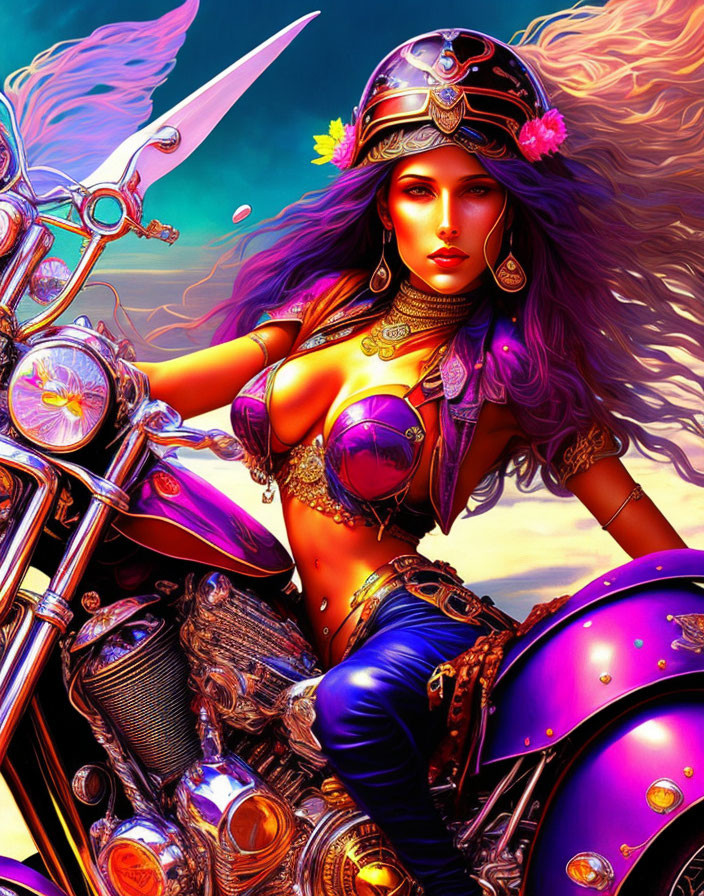 Stylized artwork of a woman with long hair on a purple motorcycle