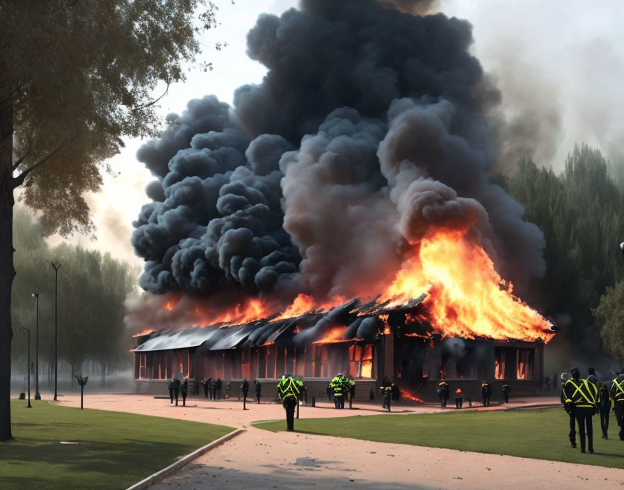 Intense fire consumes large building with firefighters in action