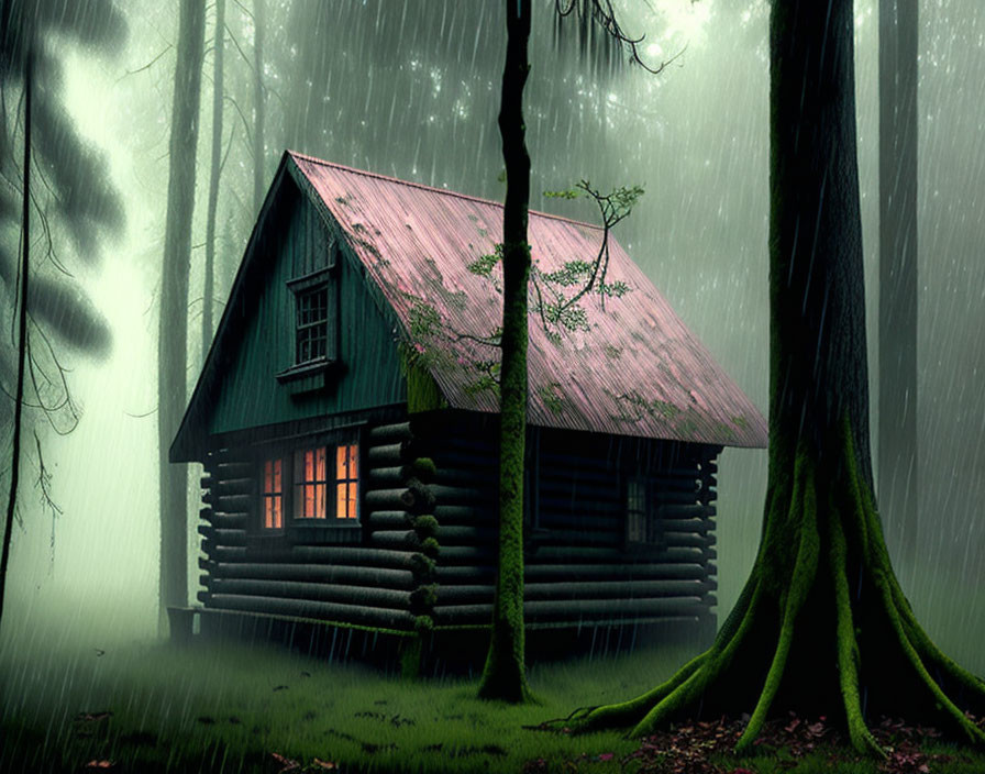 Rain-soaked forest scene: Cozy log cabin nestled among tall trees