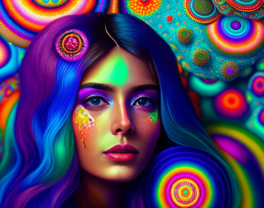 Colorful woman with psychedelic hair and patterns on face in vibrant fractal backdrop