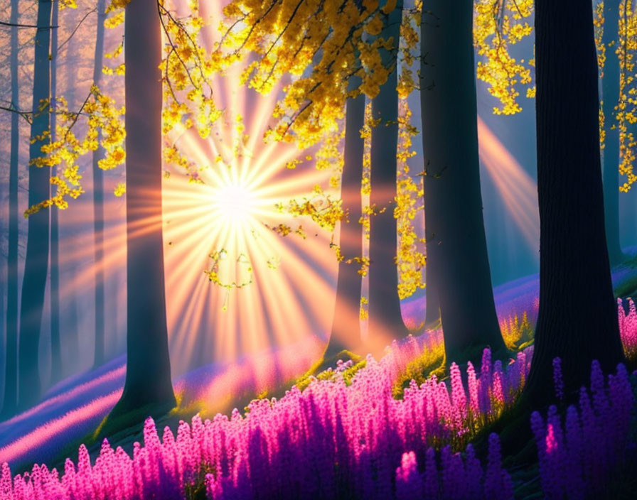 Vibrant purple wildflowers in lush forest at sunrise