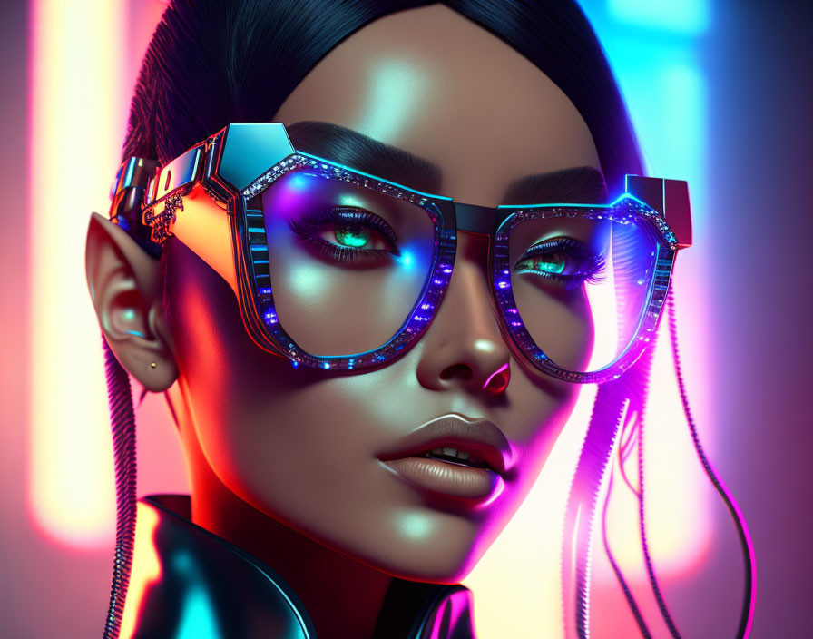 Vibrant digital artwork featuring woman in luminous glasses