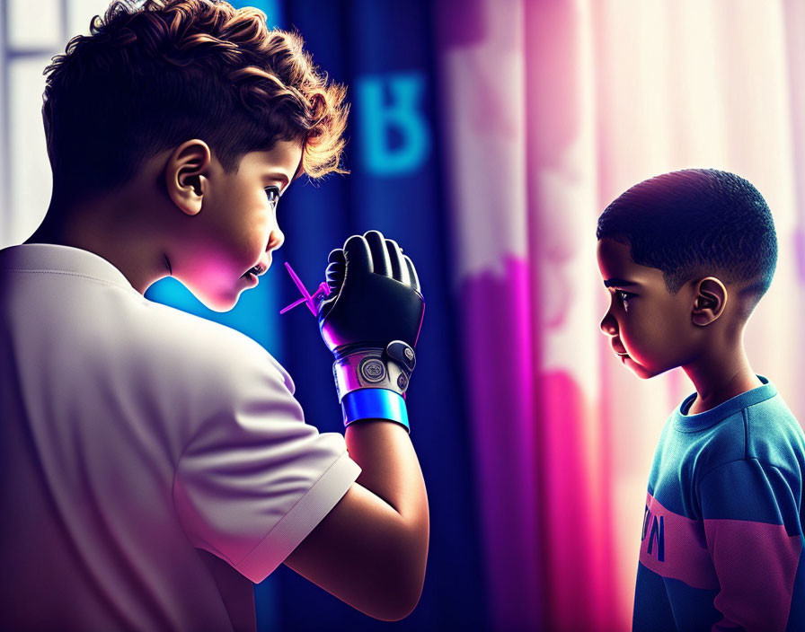 Two boys in neon-lit scene: one blowing bubble gum, other wearing boxing glove.