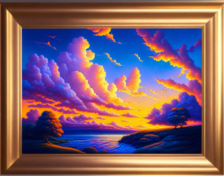 Scenic sunset painting with billowing clouds, silhouetted trees, river, birds, and