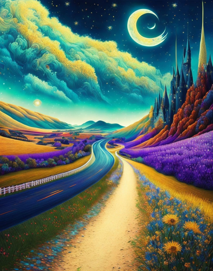 Colorful landscape with winding road, hills, purple fields, crescent moon, and stars