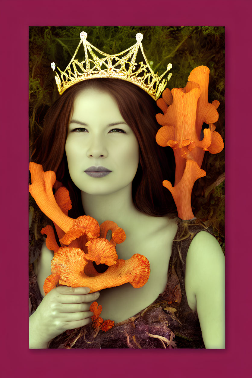 Woman with Crown Poses Among Orange Coral on Purple Background